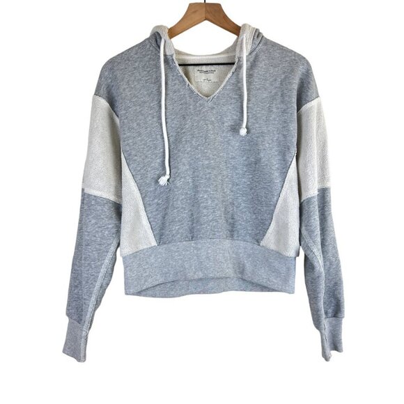 Abercrombie & Fitch Gray Terry Mixed Media V-Neck Cropped Hoodie - Picture 1 of 5